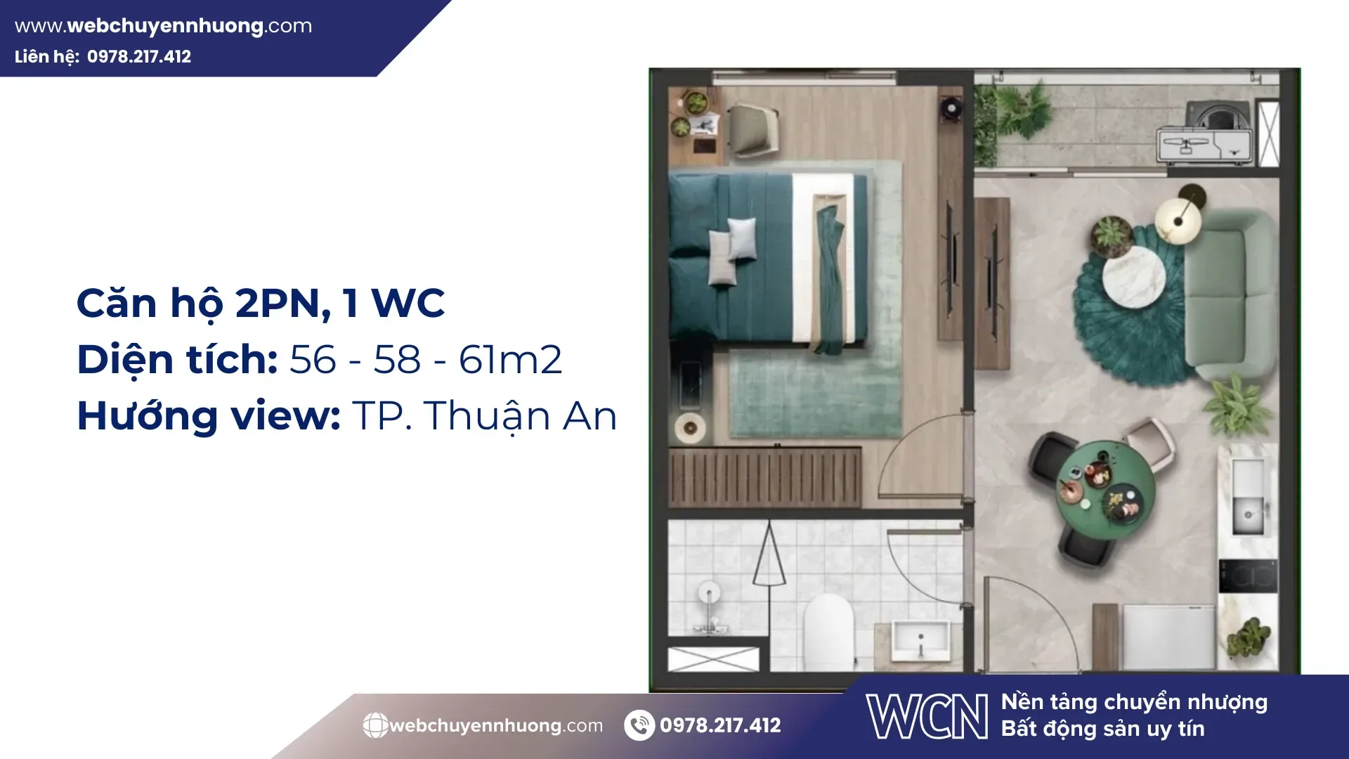 Mẫu căn 2PN – layout “quốc dân” – cân bằng tốt giữa không gian chung và riêng tư. Hai phòng ngủ, hai WC, phù hợp gia đình trẻ 3–4 thành viên.