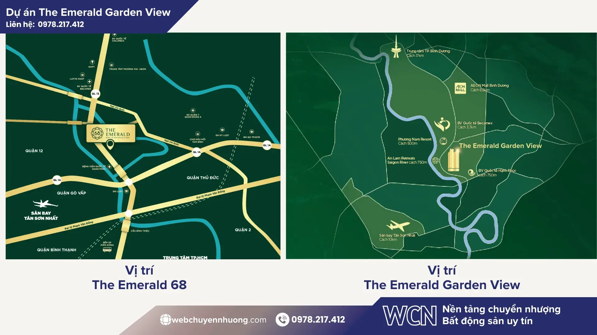 Điểm chung là cả hai dự án The Emerald đều ở cửa ngõ TP.HCM, hưởng lợi lớn từ hạ tầng giao thông và các khu công nghiệp VSIP, Việt Hương