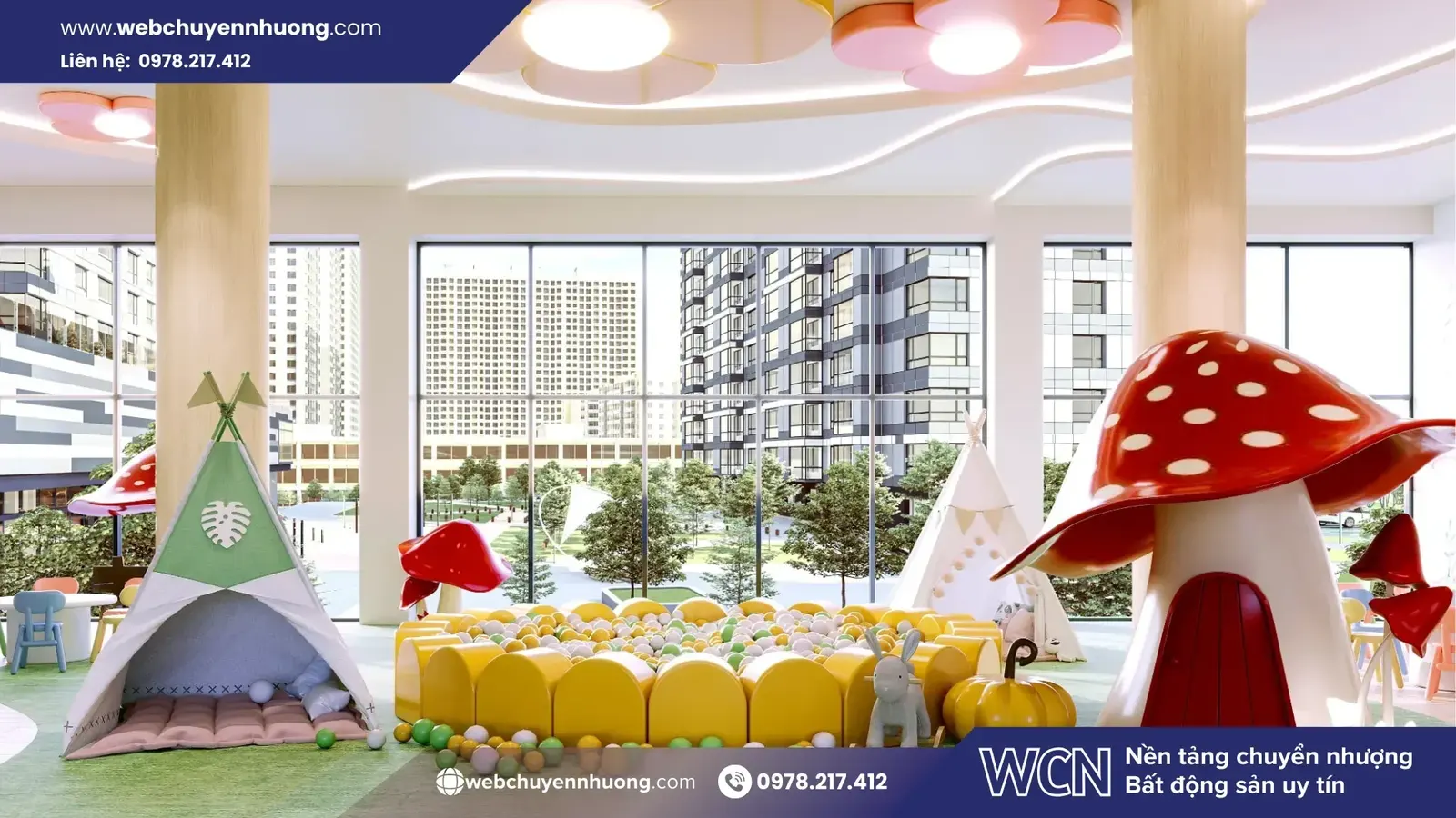 Khu vui chơi và tường leo núi giúp trẻ phát triển thể chất, đồng thời tạo không gian gắn kết gia đình tại tầng 4.
